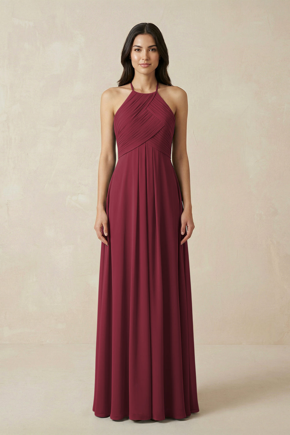 A-Line Halter Neck Pleated Chiffon Bridesmaid Dress in Berry