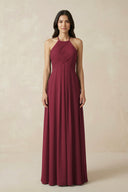 Berry A-Line Halter Neck Pleated Chiffon Bridesmaid Dress | KISSBRIDAL