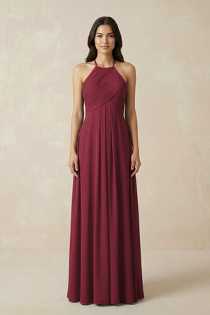 Berry A-Line Halter Neck Pleated Chiffon Bridesmaid Dress | KISSBRIDAL