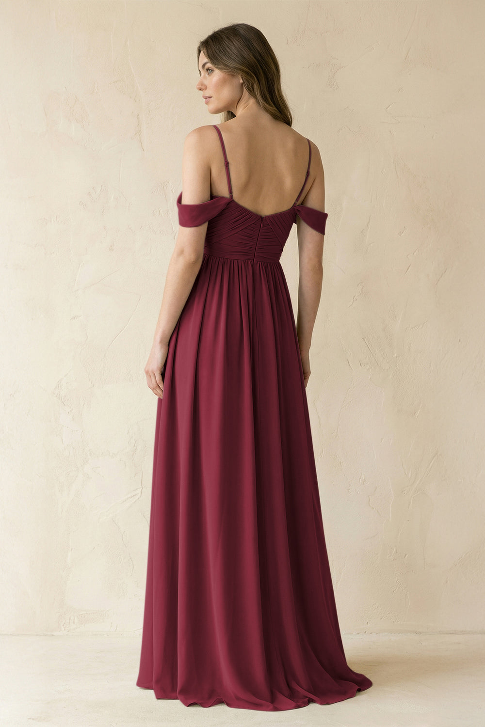 A-Line Off-the-Shoulder Pleated Chiffon Bridesmaid Dress in Berry