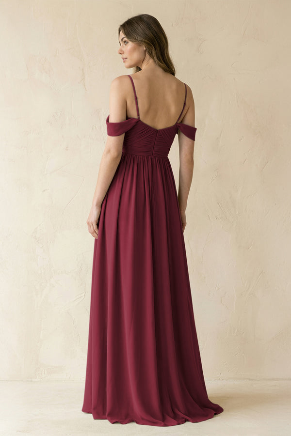Berry A-Line Off-the-Shoulder Pleated Chiffon Bridesmaid Dress (2) | KISSBRIDAL