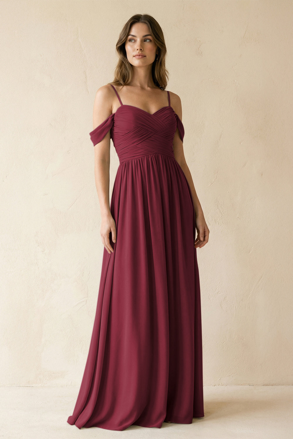 A-Line Off-the-Shoulder Pleated Chiffon Bridesmaid Dress in Berry