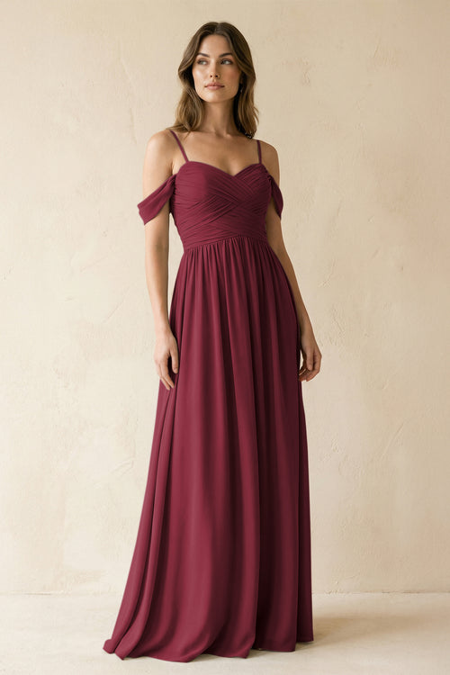 Berry A-Line Off-the-Shoulder Pleated Chiffon Bridesmaid Dress | KISSBRIDAL