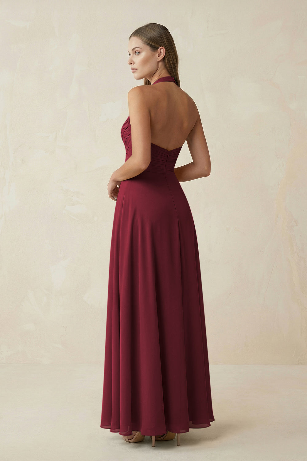 A-Line Pleated Chiffon V-Neck Bridesmaid Dress in Berry
