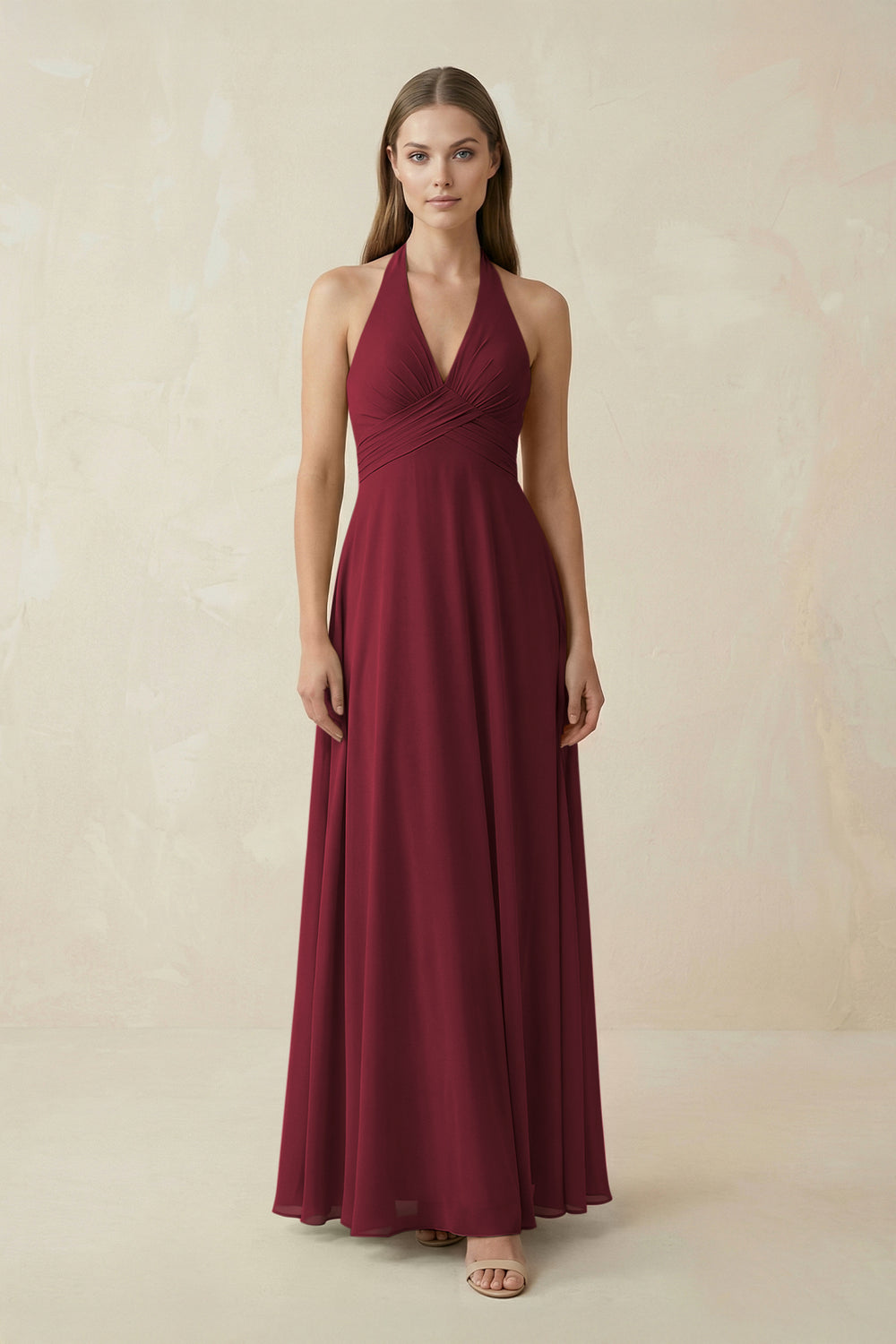 A-Line Pleated Chiffon V-Neck Bridesmaid Dress in Berry