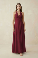 Berry A-Line Pleated Chiffon V-Neck Bridesmaid Dress | KISSBRIDAL