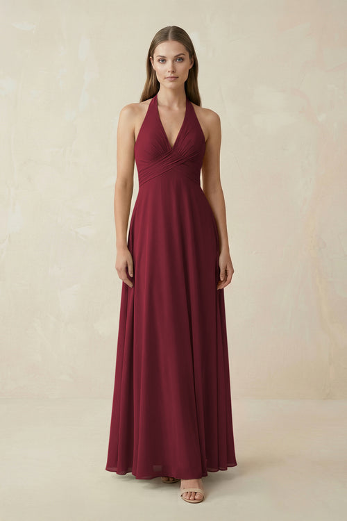 Berry A-Line Pleated Chiffon V-Neck Bridesmaid Dress | KISSBRIDAL