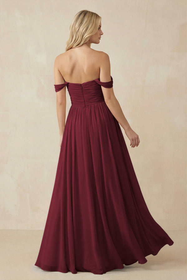 Berry A-Line Pleated Long Chiffon Bridesmaid Dress (2) | KISSBRIDAL