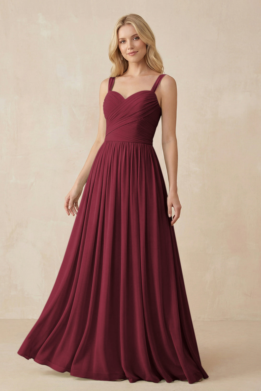 A-Line Pleated Long Chiffon Bridesmaid Dress in Berry