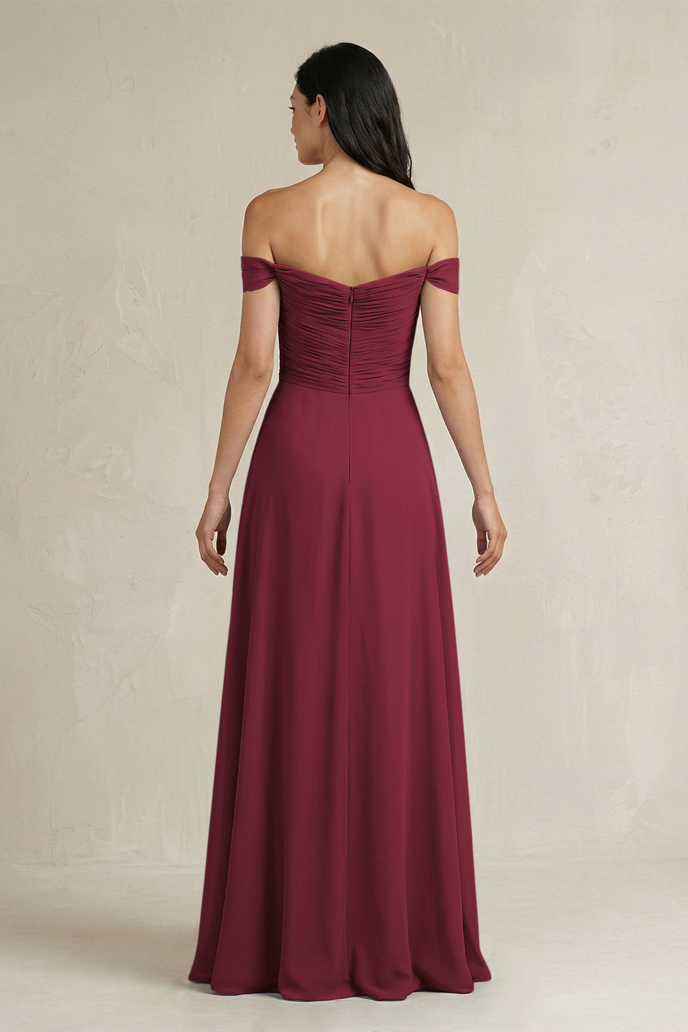 A-Line Pleated Off-the-Shoulder Chiffon Bridesmaid Dress in Berry