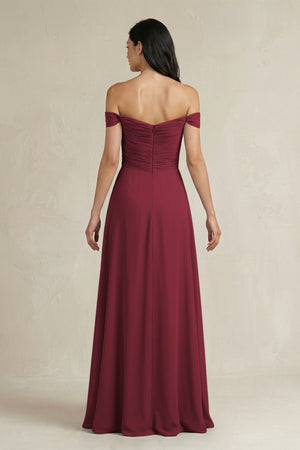 Berry A-Line Pleated Off-the-Shoulder Chiffon Bridesmaid Dress (2) | KISSBRIDAL