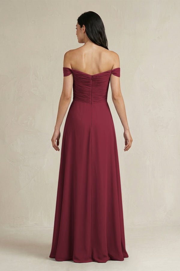 Berry A-Line Pleated Off-the-Shoulder Chiffon Bridesmaid Dress (2) | KISSBRIDAL