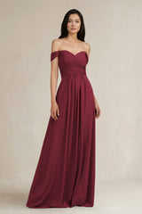 Berry A-Line Pleated Off-the-Shoulder Chiffon Bridesmaid Dress | KISSBRIDAL