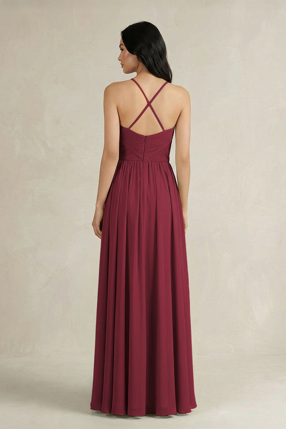 A-Line Pleated Spaghetti Strap Chiffon Bridesmaid Dress in Berry