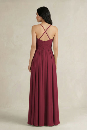 Berry A-Line Pleated Spaghetti Strap Chiffon Bridesmaid Dress (2) | KISSBRIDAL