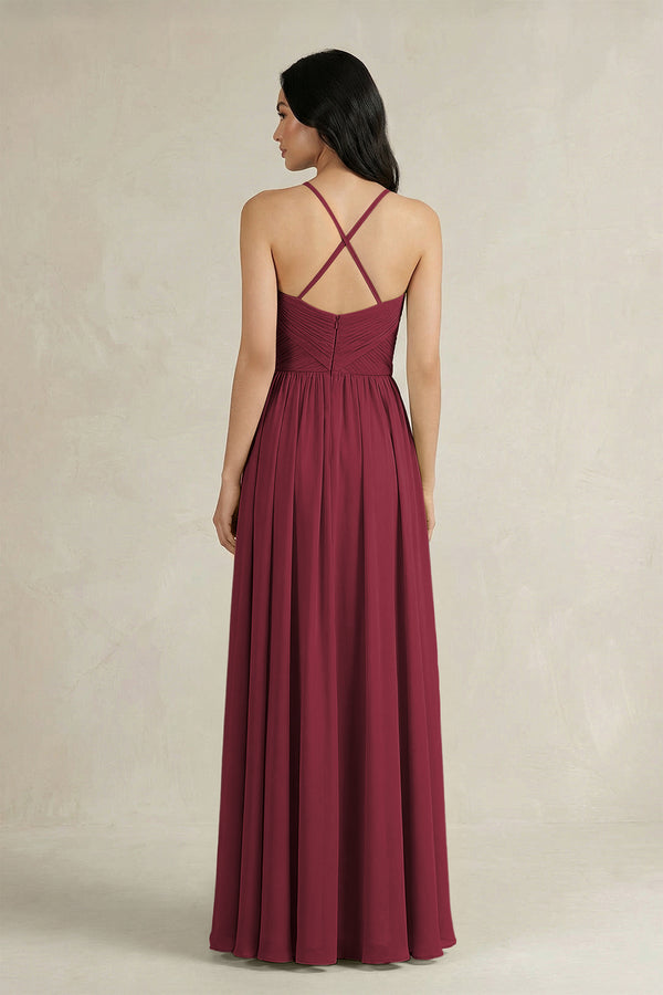 Berry A-Line Pleated Spaghetti Strap Chiffon Bridesmaid Dress (2) | KISSBRIDAL