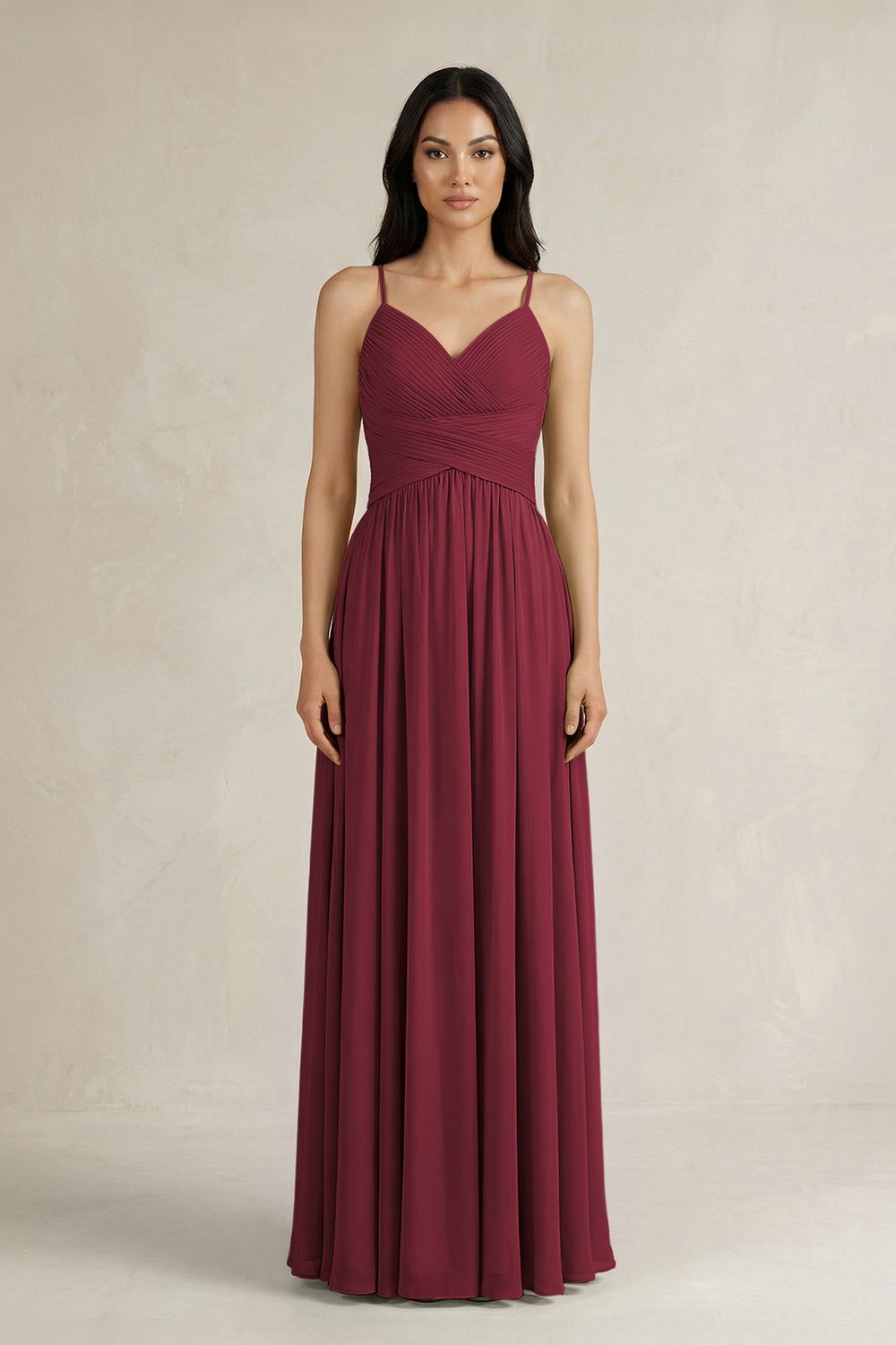 A-Line Pleated Spaghetti Strap Chiffon Bridesmaid Dress in Berry