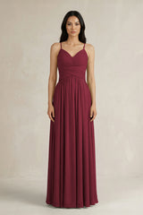Berry A-Line Pleated Spaghetti Strap Chiffon Bridesmaid Dress | KISSBRIDAL