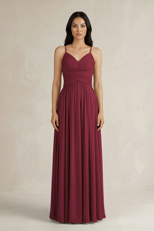 Berry A-Line Pleated Spaghetti Strap Chiffon Bridesmaid Dress | KISSBRIDAL