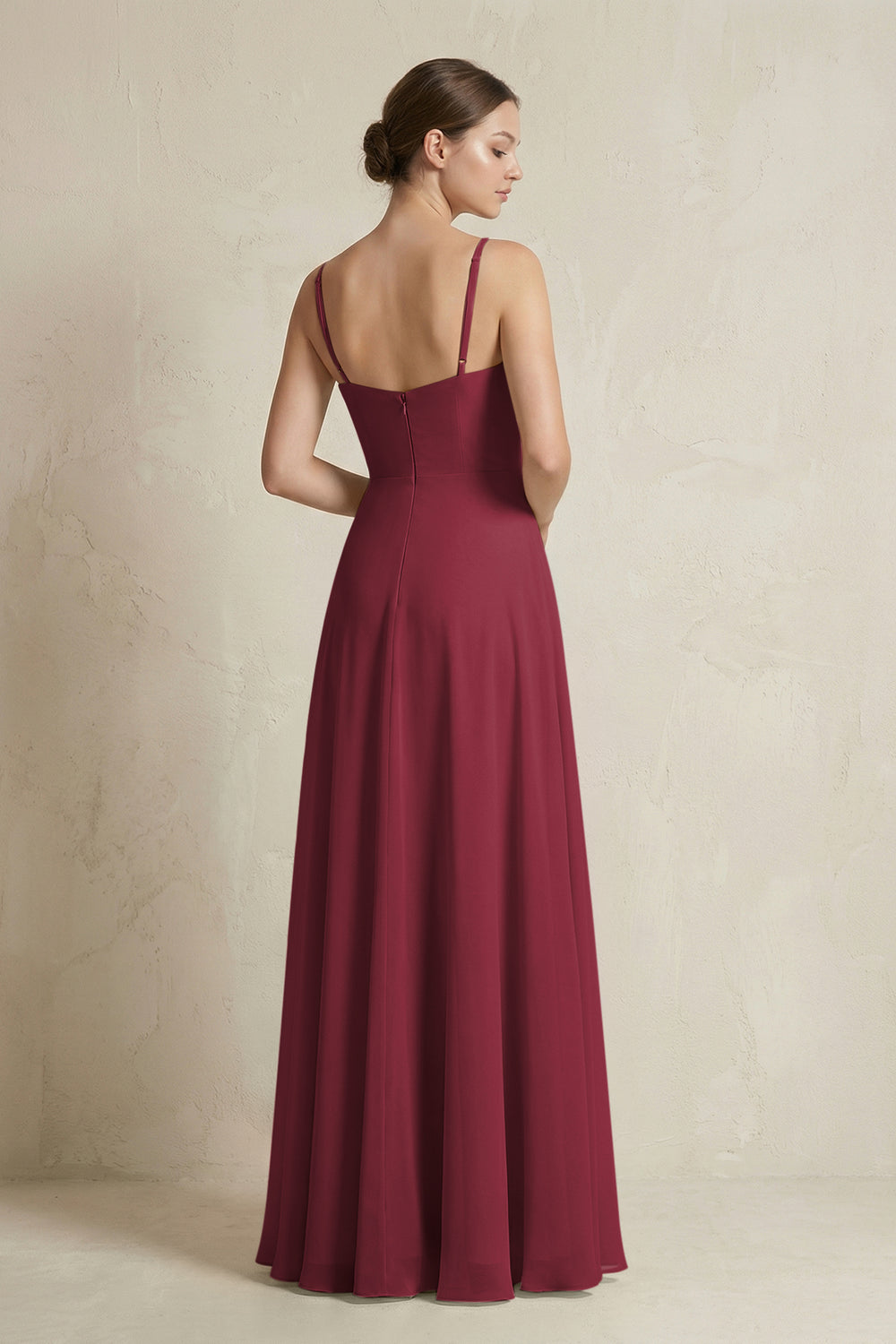 A-Line Ruffled Spaghetti Strap Chiffon Bridesmaid Dress in Berry