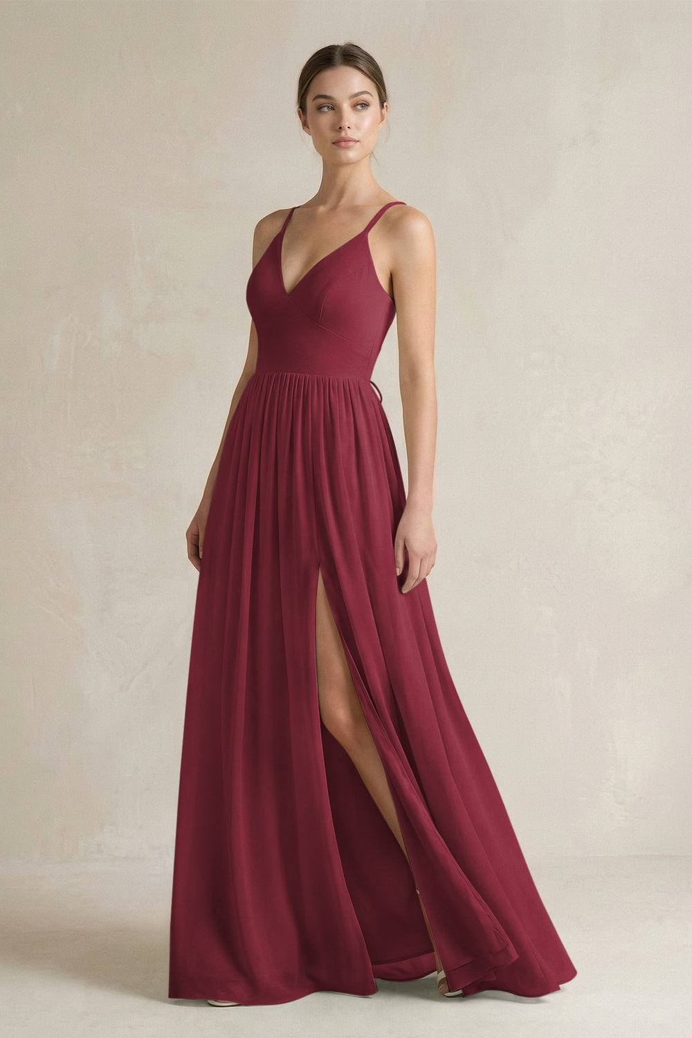 A-Line Spaghetti Strap Chiffon Bridesmaid Dress in Berry