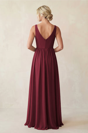 Berry A-Line V-Neck Pleated Chiffon Bridesmaid Dress (2) | KISSBRIDAL