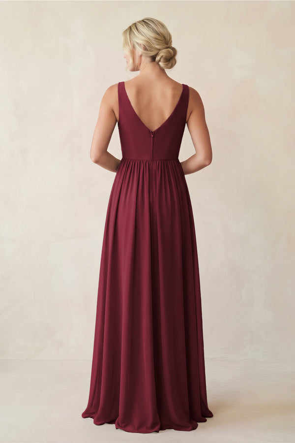 Berry A-Line V-Neck Pleated Chiffon Bridesmaid Dress (2) | KISSBRIDAL