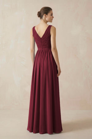 Berry A-Line V-Neck Pleated Chiffon Bridesmaid Dress (2) | KISSBRIDAL
