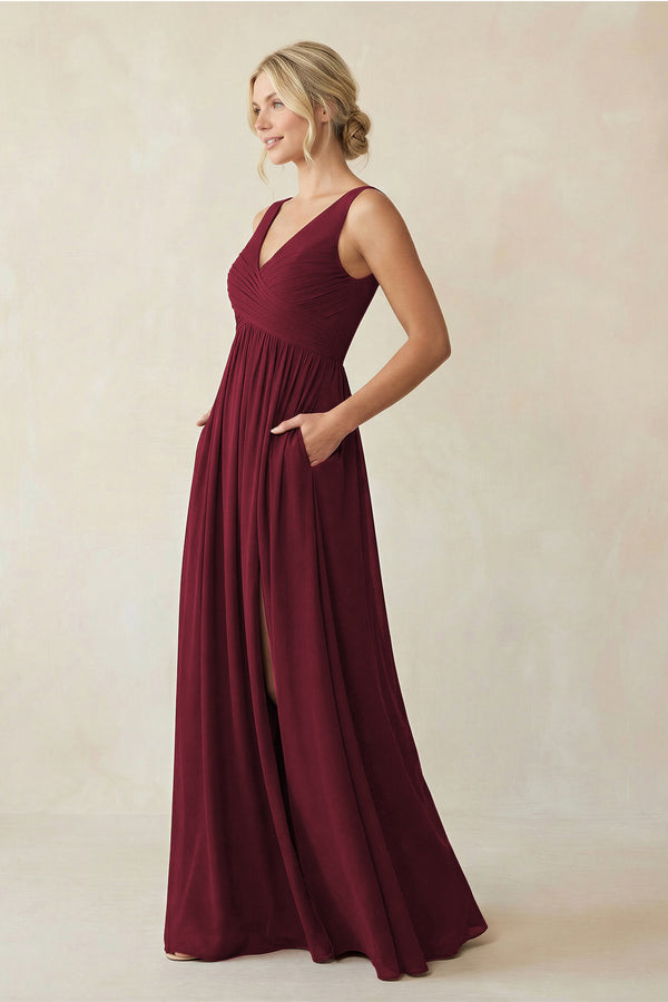 Berry A-Line V-Neck Pleated Chiffon Bridesmaid Dress (3) | KISSBRIDAL