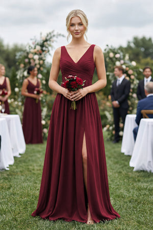 Berry A-Line V-Neck Pleated Chiffon Bridesmaid Dress (4) | KISSBRIDAL