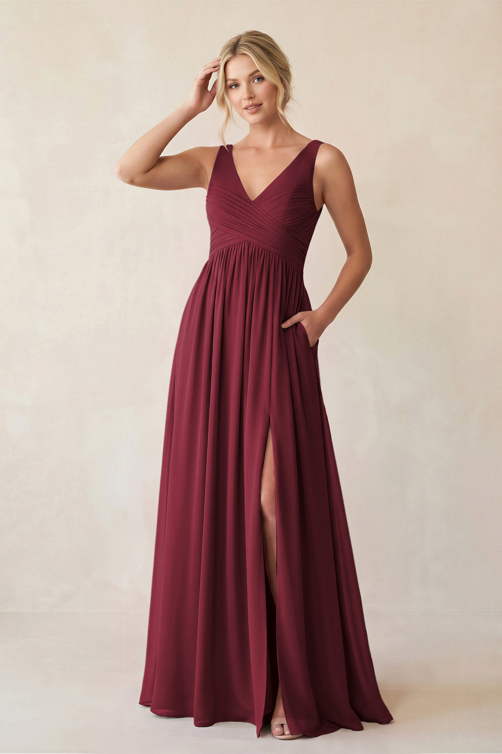 A-Line V-Neck Pleated Chiffon Bridesmaid Dress in Berry