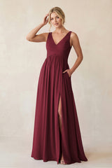 Berry A-Line V-Neck Pleated Chiffon Bridesmaid Dress | KISSBRIDAL