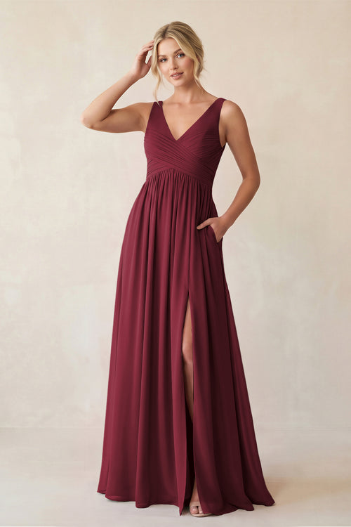 Berry A-Line V-Neck Pleated Chiffon Bridesmaid Dress | KISSBRIDAL