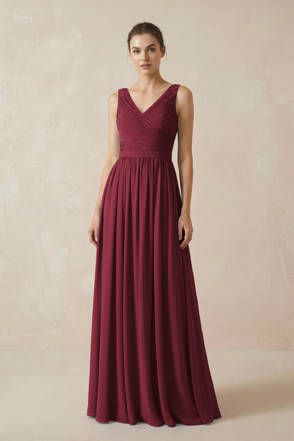 A-Line V-Neck Pleated Chiffon Bridesmaid Dress in Berry