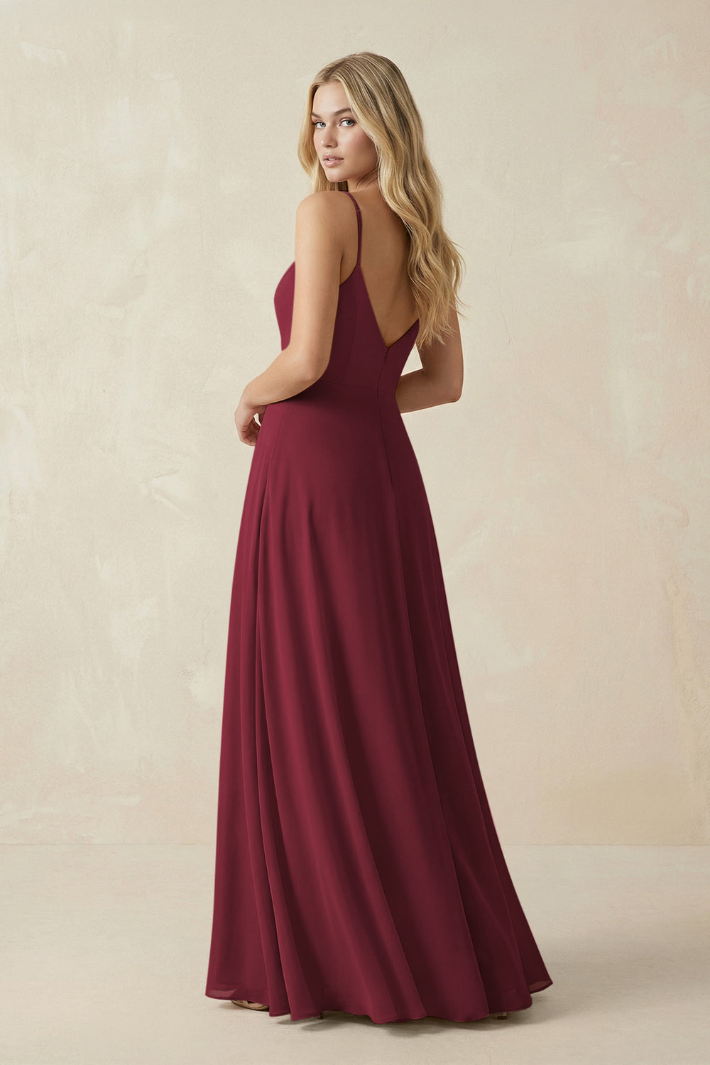 Cami Strap A-Line Chiffon Bridesmaid Dress with Slit in Berry