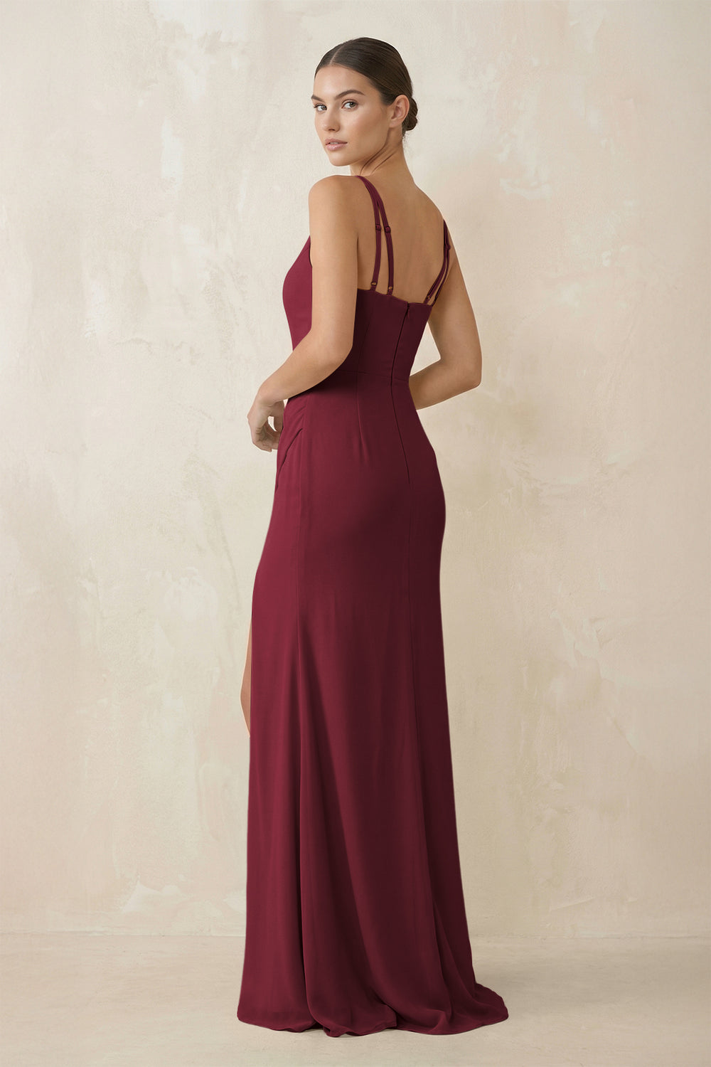 Cami Strap Chiffon Sheath Bridesmaid Gown in Berry