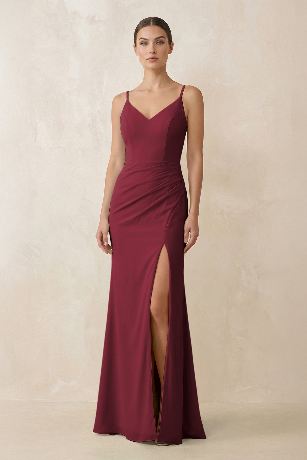 Cami Strap Chiffon Sheath Bridesmaid Gown in Berry
