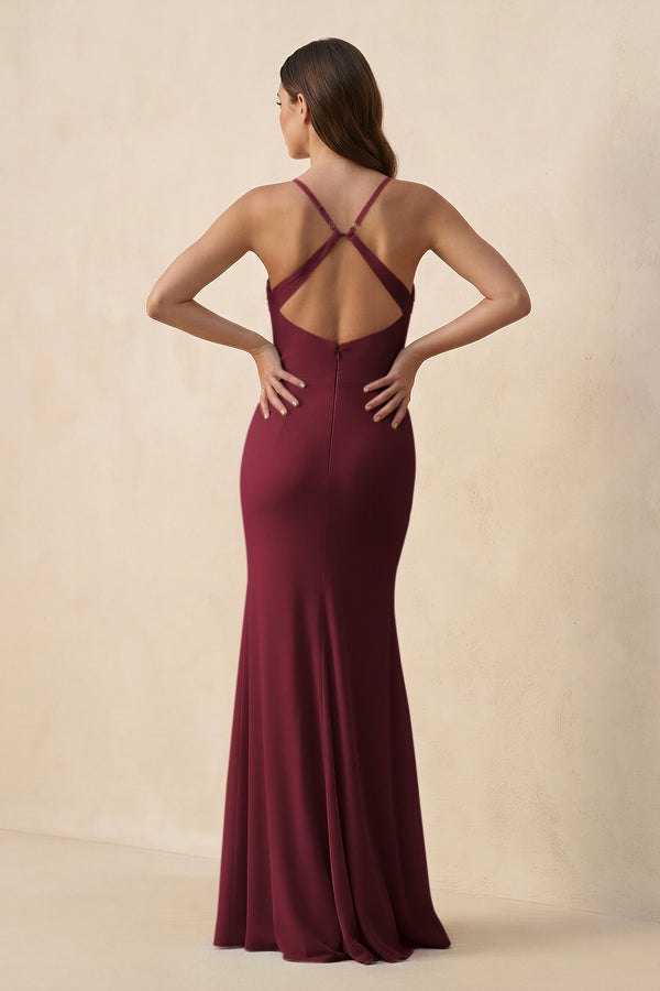 Berry Cami Strap Sheath Chiffon Bridesmaid Dress with Slit (2) | KISSBRIDAL