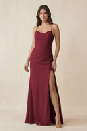 Berry Cami Strap Sheath Chiffon Bridesmaid Dress with Slit | KISSBRIDAL