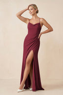 Berry Cami Strap Sheath Ruched Bridesmaid Dress With Slit | KISSBRIDAL