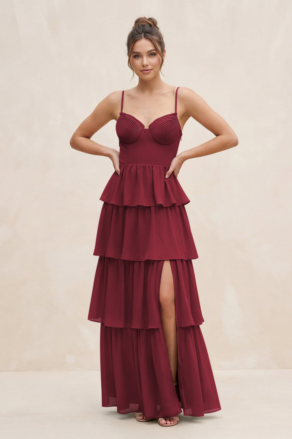 Cami Strap Tiered A-Line Chiffon Bridesmaid Dress in Berry