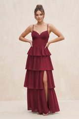 Berry Cami Strap Tiered A-Line Chiffon Bridesmaid Dress | KISSBRIDAL