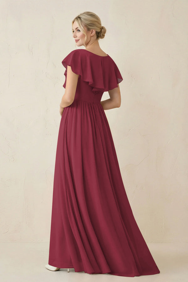 Berry Cap Sleeve A-Line Ruffled Chiffon Bridesmaid Dress (2) | KISSBRIDAL