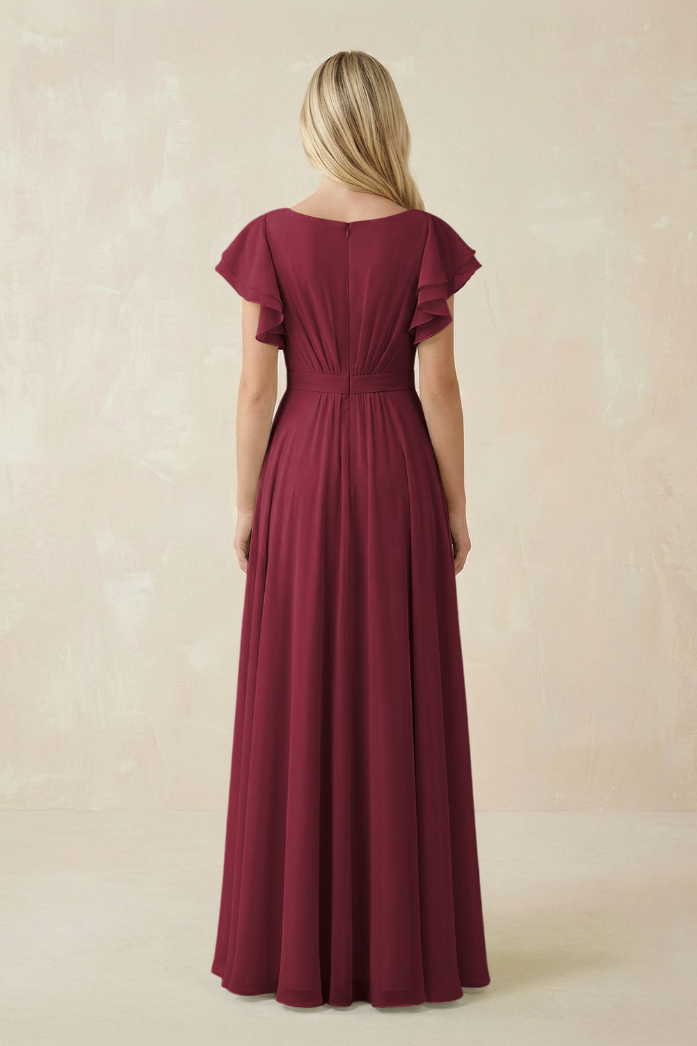 Cap Sleeve Ruffled A-Line Chiffon Bridesmaid Dress in Berry