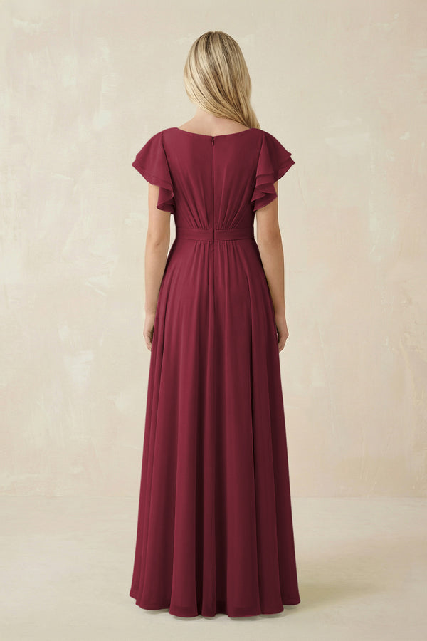 Berry Cap Sleeve Ruffled A-Line Chiffon Bridesmaid Dress (2) | KISSBRIDAL