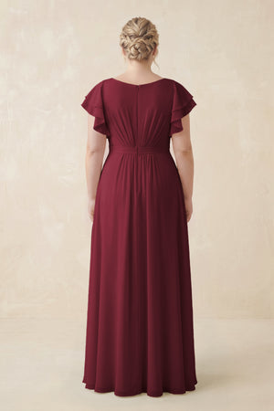 Berry Cap Sleeve Ruffled A-Line Chiffon Bridesmaid Dress (2) | KISSBRIDAL