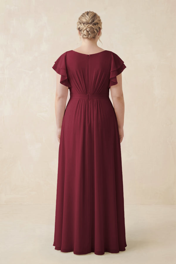 Berry Cap Sleeve Ruffled A-Line Chiffon Bridesmaid Dress (2) | KISSBRIDAL