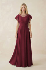Berry Cap Sleeve Ruffled A-Line Chiffon Bridesmaid Dress | KISSBRIDAL