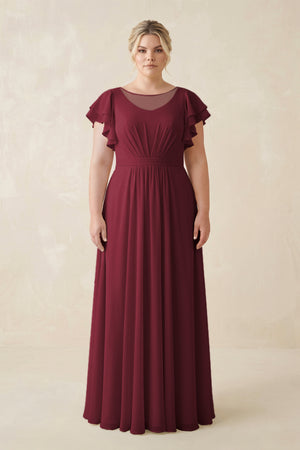 Berry Cap Sleeve Ruffled A-Line Chiffon Bridesmaid Dress | KISSBRIDAL