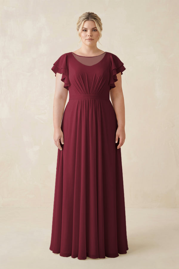 Berry Cap Sleeve Ruffled A-Line Chiffon Bridesmaid Dress | KISSBRIDAL
